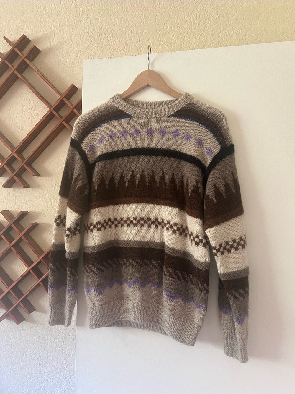 100% Wool Fair Isle Icelandic Crewneck Sweater in Brown, Gray & Cream